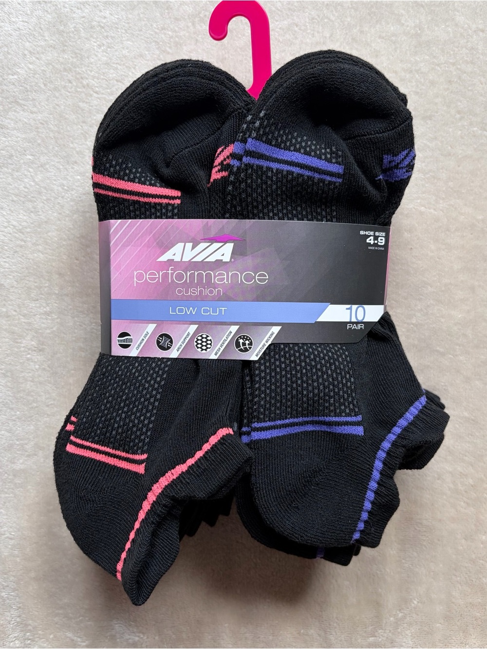 AVIA Women’s Performance Cushion Low Cut Socks - NWT Pink & Purple Trim, 10 Pair